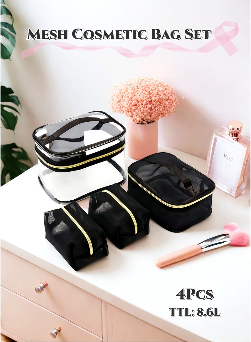 مجموعة حقيبة تجميلية شفافة من 4 قطع، مجموعة منظم مكياج، منظم سفر بسعة كبيرة لمستلزمات النظافة، المكياج والعناية بالبشرة، للاستخدام اليومي، سفر رمضان، هدايا عيد (أسود) - Image 1